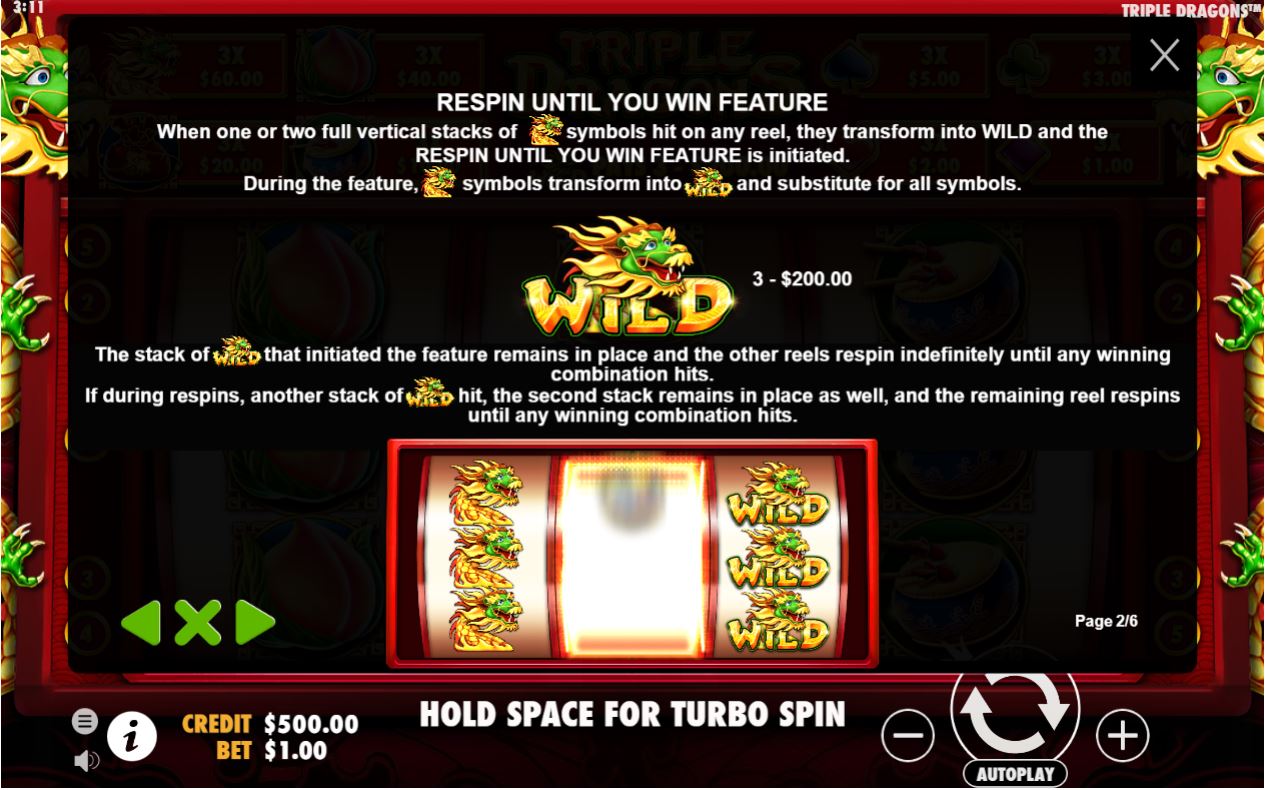 Pragmatic Play Triple Dragons asian slot gameplay preview main screen respin until you win feature bonus